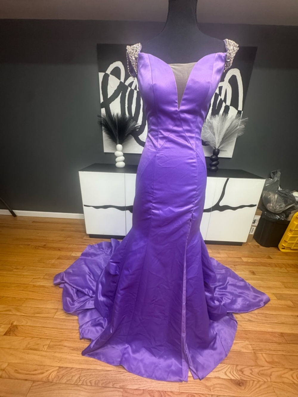 Rachel Allan Purple Satin Mermaid Gown Size 2 Pearl Strap Train Prom Dress - Picture 2 of 9